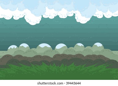 Clouds, background, mountains and grass are all on separate layers. Actual illustration extends a little and is cropped via clipping mask.