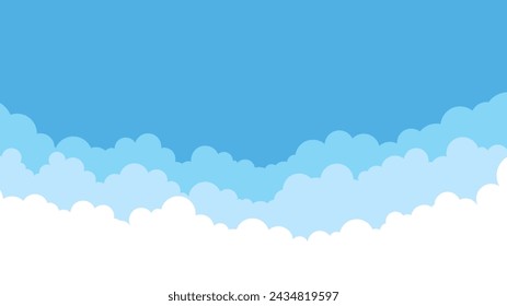 Fondo de nubes, diseño de dibujos animados simple. Ilustración vectorial de estilo plano. Diseño de cielo azul y nubes, hermosa imagen. Ambiente soleado, ambiente aireado