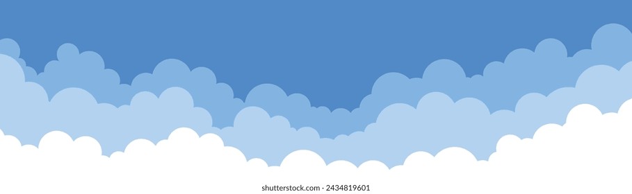 Fondo de nubes, diseño de dibujos animados simple. Ilustración vectorial de estilo plano. Diseño de cielo azul y nubes, hermosa imagen. Ambiente soleado, ambiente aireado