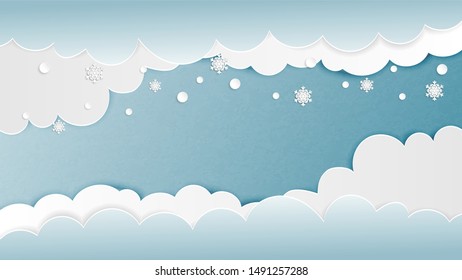 Clouds background with snowflakes in paper cut style. Vector illustration. Digital craft paper art design for backdrop, wallpaper, template, banner, poster, advertising display, brochure, book cover.