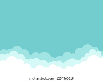 Clouds background. Vector wide horizontal illustration. Billboard, poster, banner.  Turquoise sky background. Blue and white clouds on blue sky. Template for title or text.