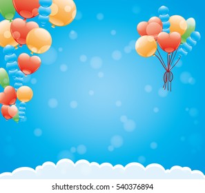 Clouds and balloons in a blue sky.