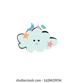 clouds with birds. Emblem design on white background.