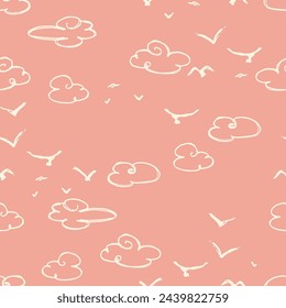 Clouds and Birds Flying Vector Seamless Pattern