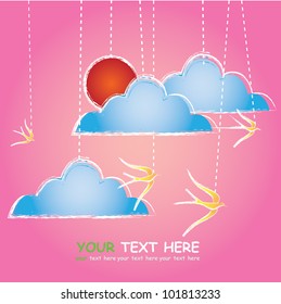 Clouds and birds on pink background,Vector
