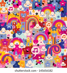 clouds, birds, rainbows and hearts pattern