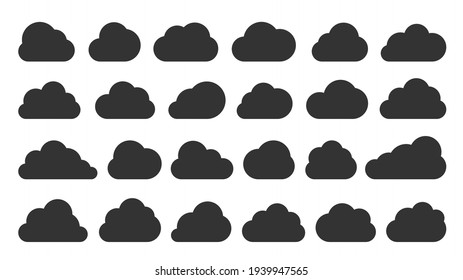 Clouds black flat icon set isolated on white. Different shape cloud abstract web banner template. Digital internet network data technology business concept sign. Outline cartoon speech bubble symbol