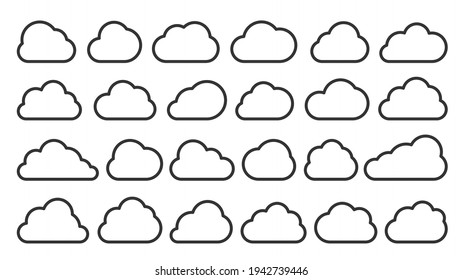 Clouds black line cartoon icon set. Different cloud outline shapes for weather forecast, web interface, speech bubble balloon, databases technology, networking storage applications, meteorology label