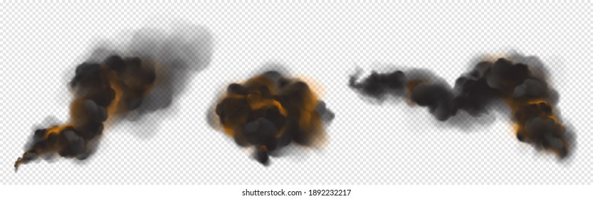 Nubes de humo negro con contraluz naranja del fuego. Conjunto vectorial realista de corrientes de niebla oscuras, smog caliente de la llama ardiente, humo feroz aislado en fondo transparente