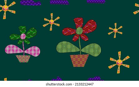 clouds, blooming potted indoor flowers, the sun, the background is filled with an abstract pattern. a seamless pattern.high quality for your design.vector illustration.textiles,wallpaper,decoration