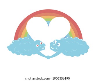 Clouds of blue color hold hands and look at each other with loving eyes, behind them is a rainbow in the shape of a heart, inside it there is a place for text. Stock vector illustration.