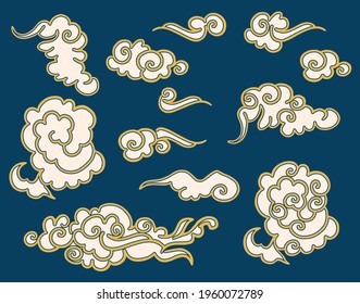 The clouds - blue, gold art, object isolated, different templates for design. Traditional asian auspicious symbols. Vector set .