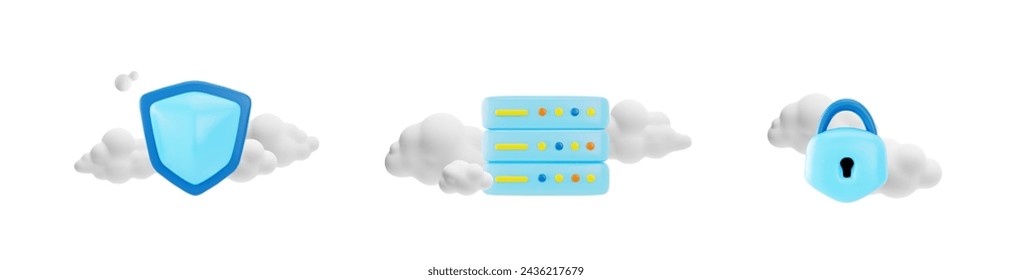 Clouds with blue shield, server and padlock 3D style, vector illustration isolated on white background. Decorative design elements collection, protection and safety signs