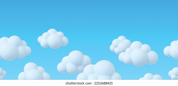 Clouds in blue sky, 3d white cloud seamless banner. Fluffy bubbles, spring summer seasonal cloudy weather. Decorative rendering vector background