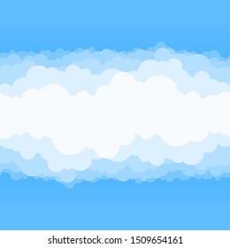 Clouds and blue sky background. Vector flat air white cloud cartoon on sky horizon. Design cloudscape panorama with poster, flyers, postcard, web banner. Seamless colored abstract fluffy pattern