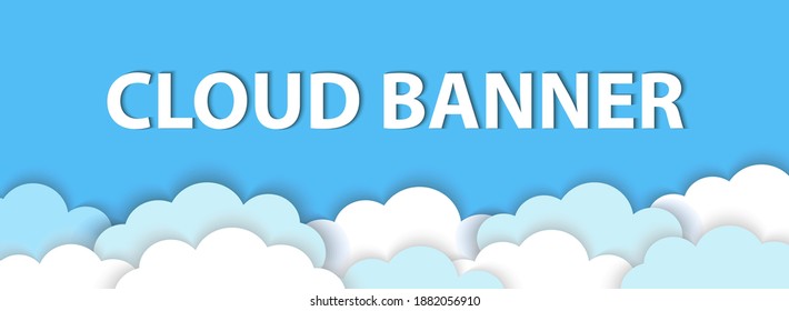 Clouds in the blue sky. Internet banner. You can write your text at the top of the illustration. Vector illustration, cut paper style