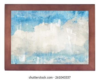 Clouds, blue sky in old wooden frame on white background. Vector illustration