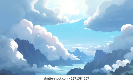 Clouds in a Blue Sky Ozone Layer Background Hand Drawn Painting Illustration