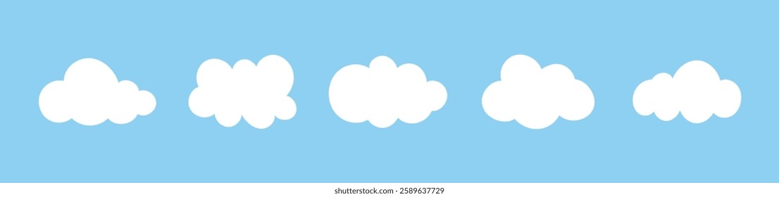 Clouds in blue sky. Puffy, fluffy, cumulus clouds on blue background. Cloudy shapes mockup. Weather simple elements template. Objects cloudscape layout. Hand drawn abstract icons.