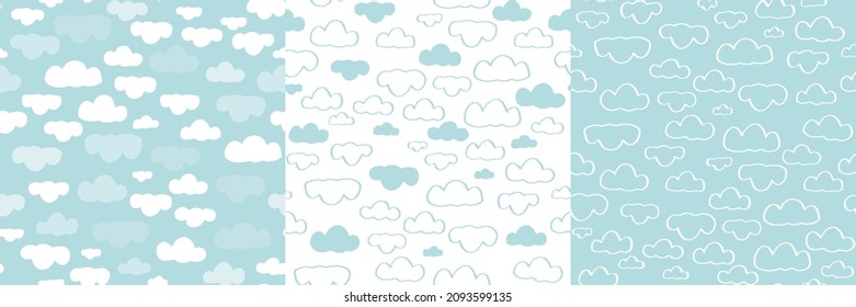 Clouds in the blue sky seamless pattern set with two-directional design to print as baby boy clothing fabric or bedding textile.