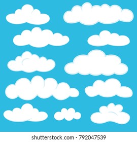 Clouds in blue sky set vector illustration, hand drawn, childish drawing eps8