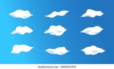 Clouds at blue sky in simple cartoon style set isolated elements. Bundle of curve cumulus cloudscape with different forms. Symbols for cloudy weather forecast. Vector illustration in flat design