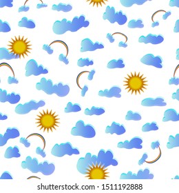 clouds with blue-blue gradient rainbow and sun on a white background seamless pattern