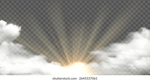 Clouds border with sunny rays, realistic sunny cloudy sky. Vector glow light effect with cloud, smoke, fog. Sunlight cloud texture transparent background