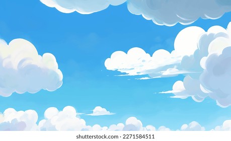 Clouds in A Bright Blue Sky Background Hand Drawn Painting Illustration