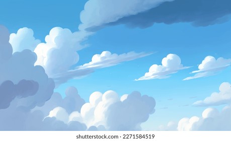 Clouds in A Bright Blue Sky Background Hand Drawn Painting Illustration