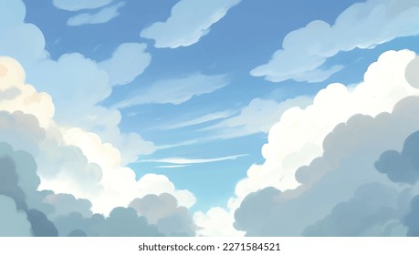 Clouds in A Bright Blue Sky Background Hand Drawn Painting Illustration