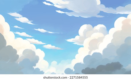 Clouds in A Bright Blue Sky Background Hand Drawn Painting Illustration