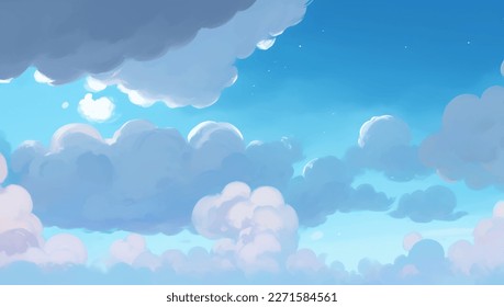 Clouds in A Bright Blue Sky Background Hand Drawn Painting Illustration