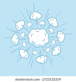 Nubes rebosantes de rayos de luz que emanan del centro en un estilo de ilustración minimalista sobre un fondo azul claro
