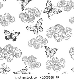 Clouds and butterflies. Seamless pattern, monochrome vector illustration. Animal art background.