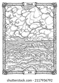 Clouds card from the oracle Old Marine Lenormand deck with sea scenery and cloudscape. Nautical vintage background, coloring book page, t-shirt and tattoo vector graphic, pirate adventures concept. 