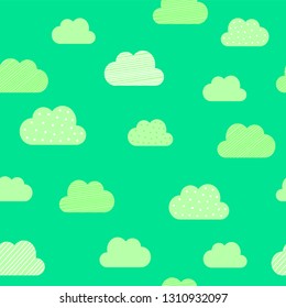 Clouds cartoon pattern background. Vector kid birthday greeting card, cloud pattern on green background