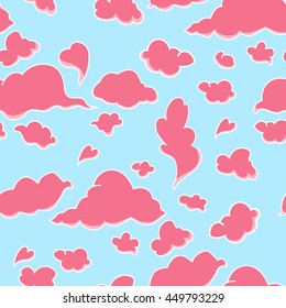 Clouds in cartoon simple style. Seamless repeating pattern. Figure pink pastel colors with stroke and fill. Vector illustration.