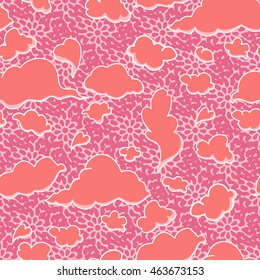 Clouds in cartoon simple style. Seamless repeating pattern. Figure pink pastel colors with stroke and fill. Vector illustration.