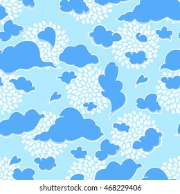 Clouds in cartoon simple style. Seamless repeating pattern. Figure blue pastel colors with stroke and fill.  Vector illustration.