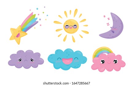 Clouds and Celestial Bodies Smiling and Feeling Sadness Vector Set