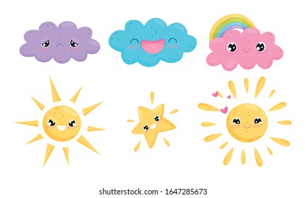 Clouds and Celestial Bodies Smiling and Feeling Sadness Vector Set