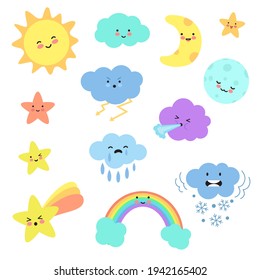 Clouds and Celestial Bodies Smiling and Feeling Sadness Vector Set