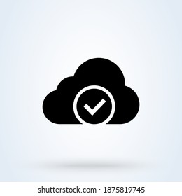 Clouds with check sign icon or logo. Software update process completed concept. Approved Cloud Computing vector illustration.
