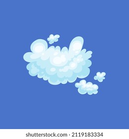 Clouds in childish cartoon style, flat vector illustration isolated on blue background. Rain white fluffy cloud for kids clothing or computer game asset.