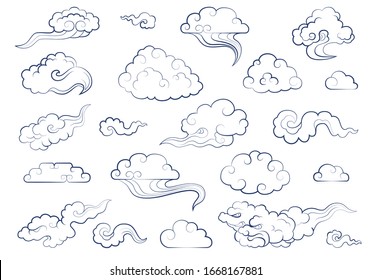 Clouds in Chinese style on white background. Isolated Vector weather elements clouds, fog, cloudlet, wind. Illustration for cartoon, pattern, ornament. Collection of oriental style clouds. Line icons