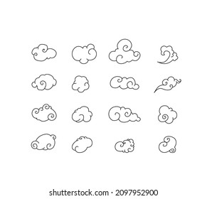 clouds in Chinese style. Vector collection in oriental chinese, japanese, korean style. Line hand drawn illustration isolated on white background. Retro elements set.
