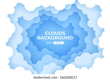 Clouds circle frame. Blue sky with white clouds background. Round border of clouds. Paper cut. Simple cartoon design. Banner, poster, flyer template. Flat style vector eps10 illustration. 