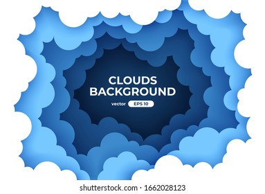 Clouds circle frame. Blue sky with white clouds background. Round border of clouds. Paper cut. Simple cartoon design. Banner, poster, flyer template. Flat style vector eps10 illustration. 