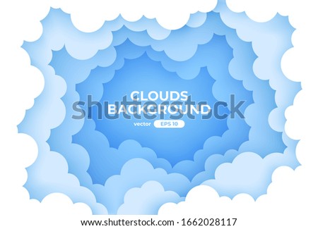 Clouds circle frame. Blue sky with white clouds background. Round border of clouds. Paper cut. Simple cartoon design. Banner, poster, flyer template. Flat style vector eps10 illustration. 
